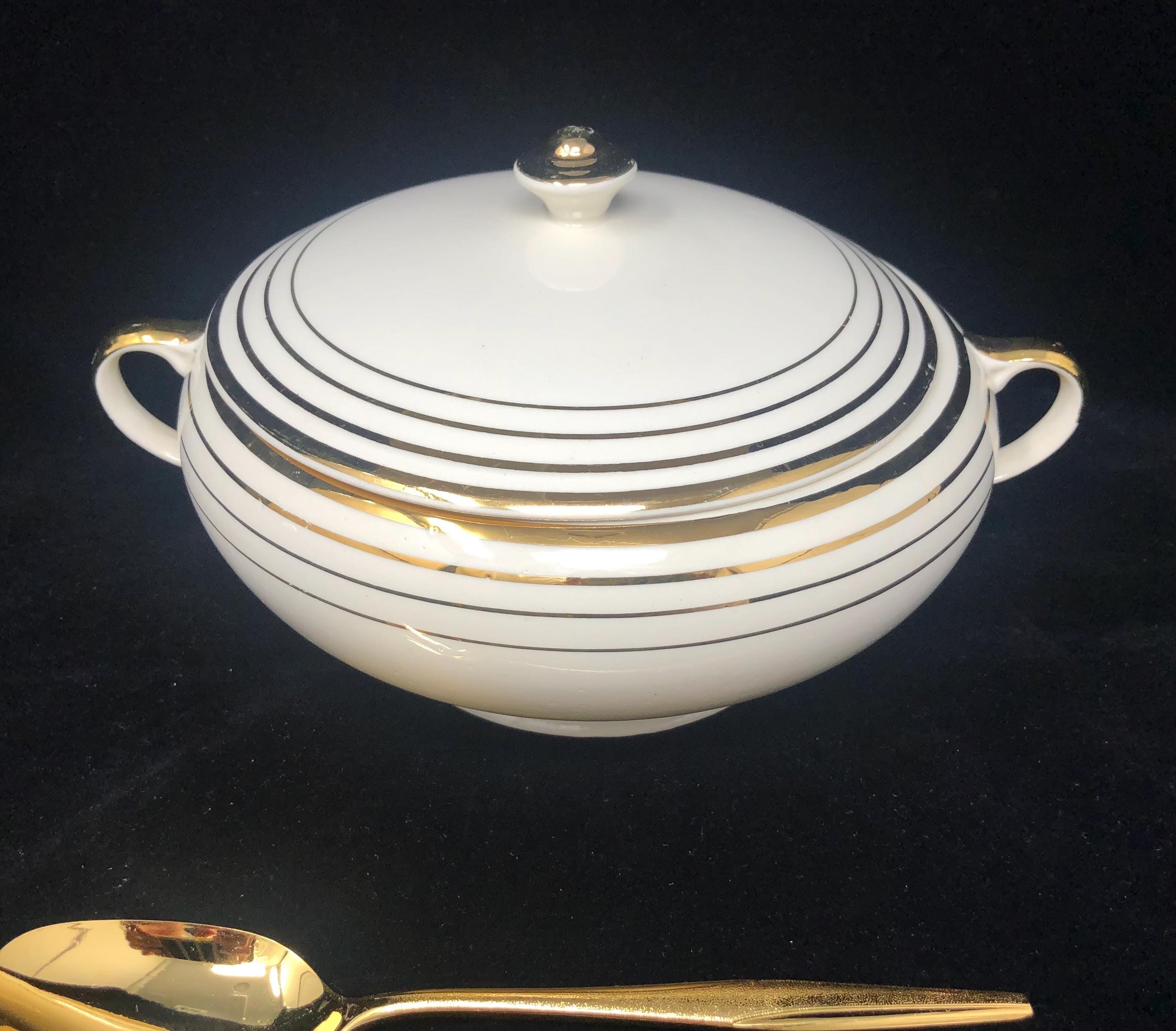 Salem Etude LIDDED VEGETABLE BOWL Art Deco Dinnerware 23K Gold Creamy White Salem China Etude Art Deco Wedding Reception Holiday Dinner Bowl