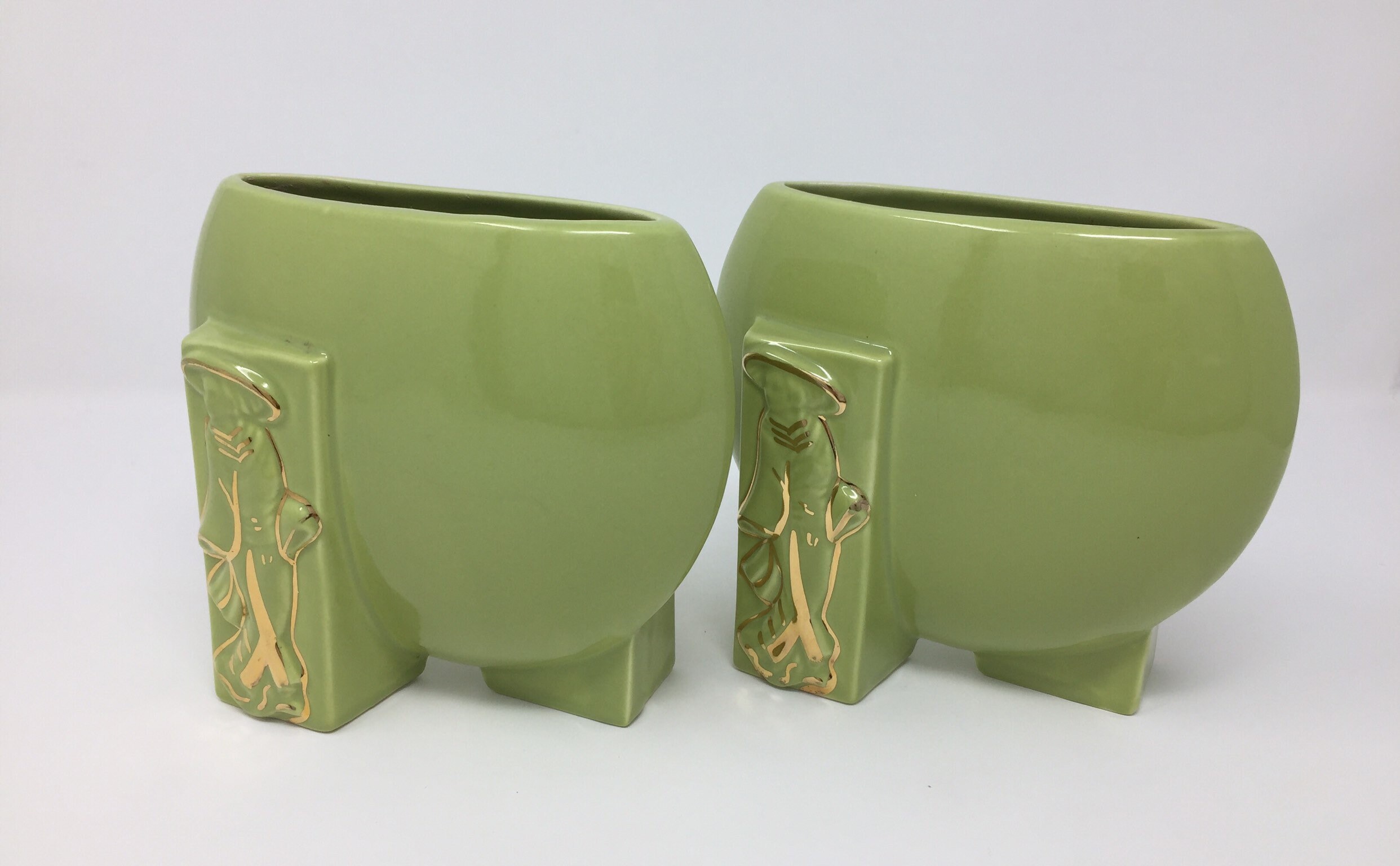 Green Gold Ceramic Vase Set of 2 Matching Pair Asian Motif Etsy