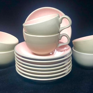 Vintage Harkerware Shell Pink Cups and Saucers: 1950s Dinnerware Set
