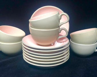 Harkerware SHELL PINK Cups and Saucers Set of 8 Saucers 6 Cups 1950s Pink and Gray Dinnerware Set Harker Ware Shell Pink