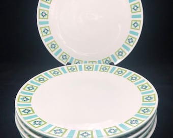Bombay Green Iroquois Dinner Plates: Ben Seibel Mid-Century Dinnerware, Set of 5