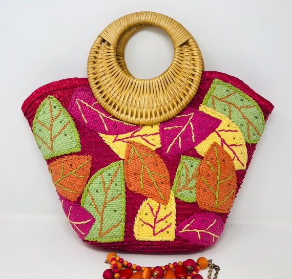 Donna Dixon Straw Tote Bag: Mod Leaf Design, Rasp… - image 1