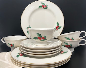 Holly by Pickard Christmas Dinnerware: 12-Piece Ivory and Gold Set