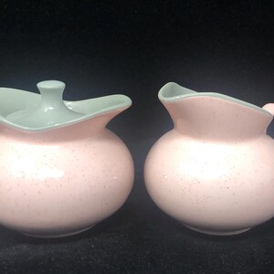 Vintage Harkerware Creamer and Lidded Sugar Bowl Set: Shell Pink Gray Dinnerware