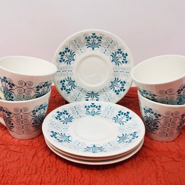 Syracuse Syralite Teal Blue Floral Swirl Restaurant Cups and Saucers Set Syracuse Teal Blue Floral Cups Saucers 1960s Restaurant Railroad