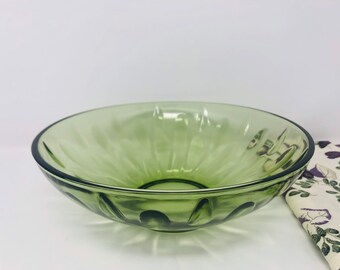 Avocado Glass Bowl Mid Mod Hazel Atlas Lyric Green Flared Bowl Elongated Optic Dots Glass Bowl Avocado Green 1960s Glassware Fruit Bowl