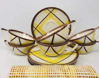Brown Yellow Plaid Dinnerware Santa Monica Knowles Cups Saucers 6 Sets 1950s Mid Century Yellow Brown Plaid Knowles Santa Monica Tea Set
