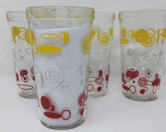 Atomic Tumblers Orbit Spiral Galaxy 50s Yellow Red White Set of 4 Mid Century Space Age Tumblers Mid Century Collectible Tumblers Jelly Jar