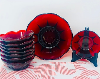Vintage Ruby Red Glass Dessert Bowl Set - Anchor Hocking 9-Piece