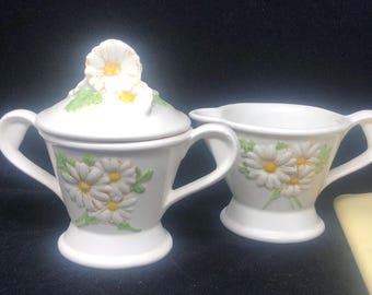 Vintage Vernon Sculptured Daisy Creamer and Lidded Sugar Bowl Set