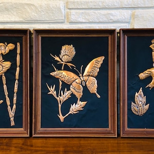 Framed Copper Repousse Wall Art: Birds & Butterfly Trio