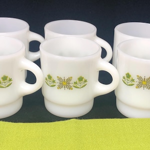 Meadow Green Anchor Hocking Fire King Mugs Set of 6 Milk Glass DEAD STORE STOCK 1960s 1970s Fire King Mugs Milk Glass Bakeware Kitchenware