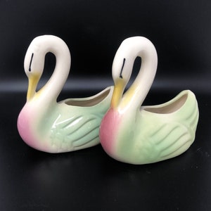 Vintage 1950s Swan Planters: Pastel Ceramic Vase Set