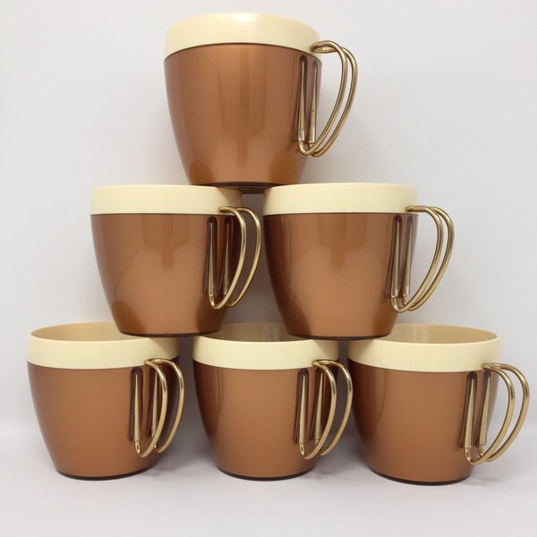 Vintage Thermal Mugs, NFC, Copper and Ivory, Brass Handles, MINT CONDITION, Never Used, Set of 6, Vintage 1950s, 1960s