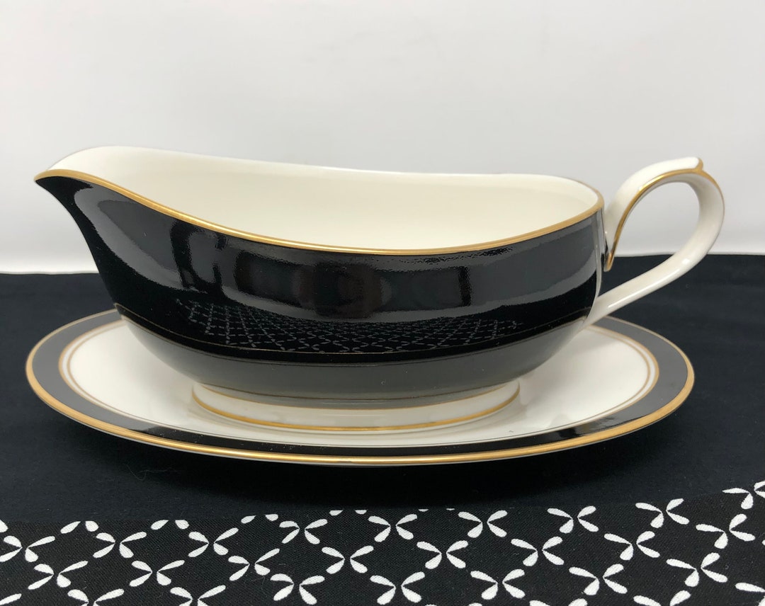 Noritake Ivory and Ebony Gravy Boat and Underplate Black Ivory Gold