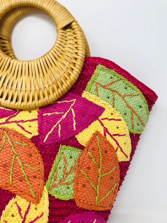 Donna Dixon Straw Tote Bag: Mod Leaf Design, Rasp… - image 5
