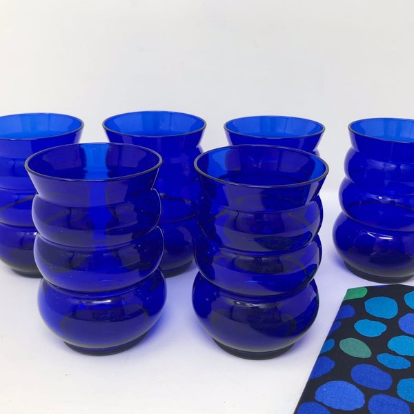 Cobalt Blue Harpo by Louie 8-Ounce Flat Tumblers Set of 6 Art Deco Cobalt Blue Tumblers 1930s Ribbed Ripple Barware Cobalt Blue Cocktail