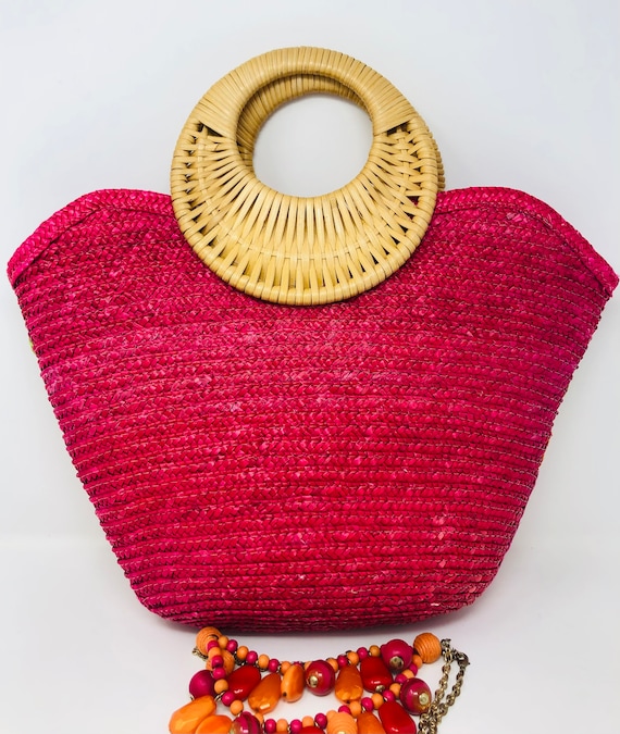 Donna Dixon Straw Tote Bag: Mod Leaf Design, Rasp… - image 6