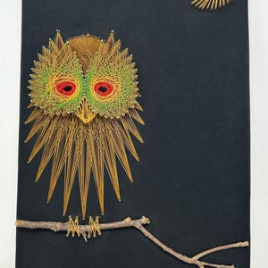 May include: A string art wall piece on a black rectangular board featuring an owl created with gold, green, and red thread wrapped around nails. The owl sits on a natural wooden branch, and a crescent moon made of gold thread is in the corner.
