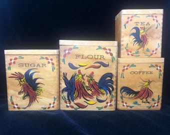 Vintage Handpainted Rooster Wooden Canister Set - 1950s Kitchen Storage