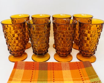 Amber Whitehall Goblets Set of 8 Whitehall by Colony Cube Pattern Indiana Glass 1960s Amber Goblets Seventies Amber Goblets 1970s Whitehall