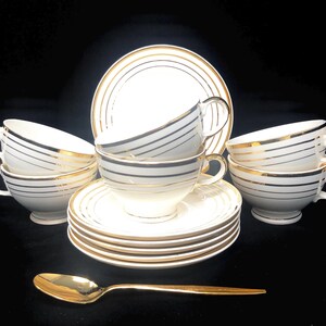 Salem Etude Cups and Saucers: Art Deco 23K Gold Dinnerware, Set of 6