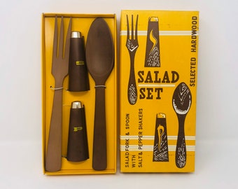 Vintage Hardwood Salad Set: Spoon, Fork, Shakers - MCM Original Box