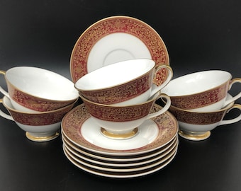 Harmony House Hanover China: Red Gold Cup and Saucer Set (6 Sets)