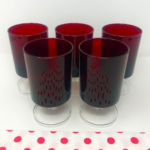Cavalier Ruby Red Water Goblets Set of 5 Clear Stem Base Vintage French Glassware Red Barware Goblets Cavalier Ruby Cristal D’Arques-Durand