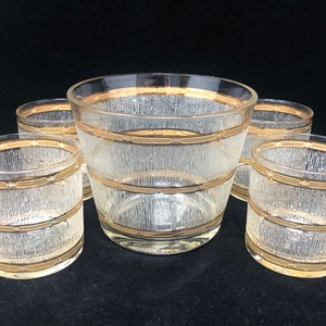 Vintage Culver Bar Set: Ice Bowl and Old Fashioned Glasses, Gold Bands, 1970s