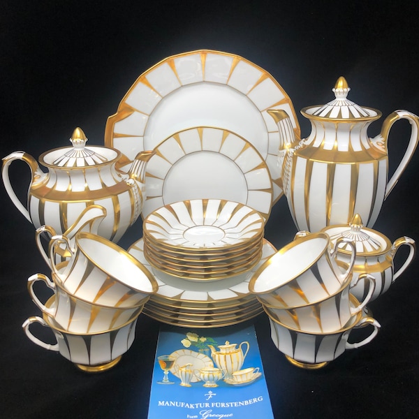 Furstenberg Grecque Athena Tea Set Service for 6: 24K Gold, Hollywood Regency