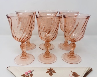 Pink Water Goblets Set of 6 Rosaline Pink by Cristal D’Arques-Durand Pink Swirl Optic Goblets 1980s Rosaline Pink Bridal Luncheon Bridal Tea