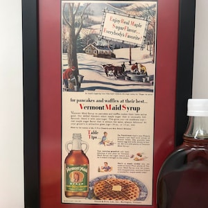 Framed 1951 Vermont Maid Syrup Ad: Vintage Maple Sugaring Print