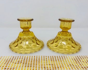 Hazel Atlas Eldorado Gold Candlestick Holders Amber Glass Pair of Candlestick Holders Amber Dots Glass Candle Holders