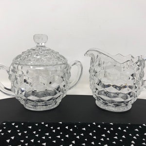 Fostoria American Clear Creamer and Sugar Bowl Set - 1950s Leaded Cube Glass