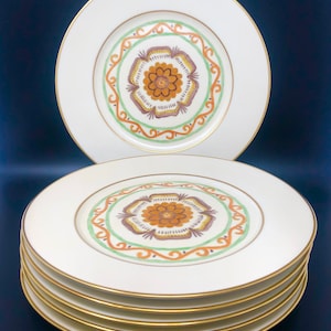 Furstenberg Porcelain Dinner Plates Set of 6 Furstenberg 1970s Fine Dining Furstenberg 1975 Dinner Plates Ivory Orange Green Brown Gold 1975