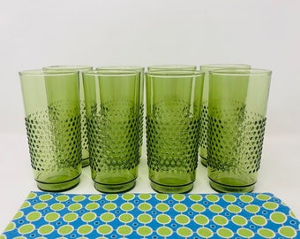 Avocado Green Hobnail Tom Collins Highball Glasses Set of 8 Mid Mod Barware 1960s 1970s Avocado Green Glassware 70s Barware Patio Party 1970