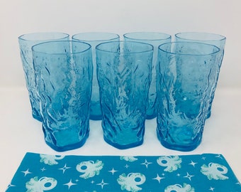 Morgantown Peacock Blue Crinkle Tumblers Set of 7 Flat Tumblers 14-ounce Aqua Crinkle Tumbler Morgantown 1950s 1960s Aqua Textured Tumblers