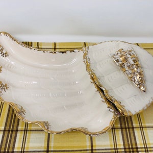MCM California Pottery Seashell Dish: White and Gold Conch Shell Console Table Decor