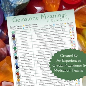 May include: A white and green guide titled "Gemstone Meanings & Care Guide" with a list of gemstones and their properties. The guide includes information on sunlight charging and water cleansing times. Text on the guide reads "Created By An Experienced Crystal Practitioner & Meditation Teacher."