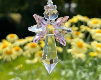 Pink Guardian Angel Crystal Suncatcher, October Birthstone Clear Prism Window Protection Angel Gift
