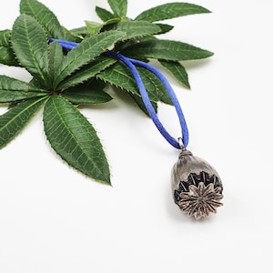 Poppy capsule pendant real silver blackened