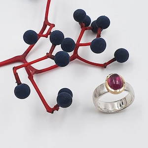 Silver ring with rhodolite in gold setting