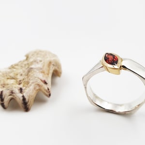 Design ring made of silver with garnet in gold setting