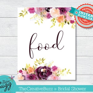 Pink Purple Watercolor Flowers Bridal Shower Sign Food