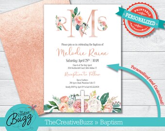 Baptism Christening Pink Coral Flowers Cross Invitation with Monogram on Shimmer Metallic Paper