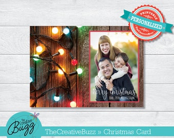 Personalized Photo Merry Christmas Lights Greeting Card / Envelopes Included