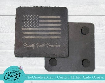 Family-Faith-Freedom Slate Coaster Set,Housewarming,Mother's Day,Engraved,4th of July,Memorial Day,Holiday,USA,Patriot,America,Man Cave