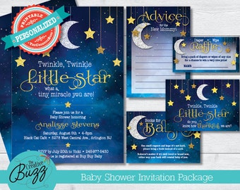 Twinkle Twinkle Little Star Blue Baby Shower Invitation Package Bundle Set