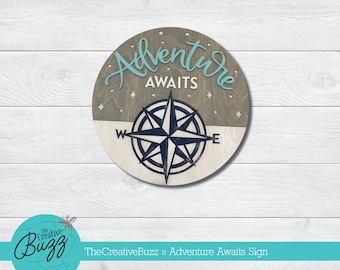 Adventure Awaits Sign,Hand Painted, Laser Cut, Wood Layered, Classroom Sign, Kids Room Sign, Mother's Day Gift, Travel, Nautical Compass
